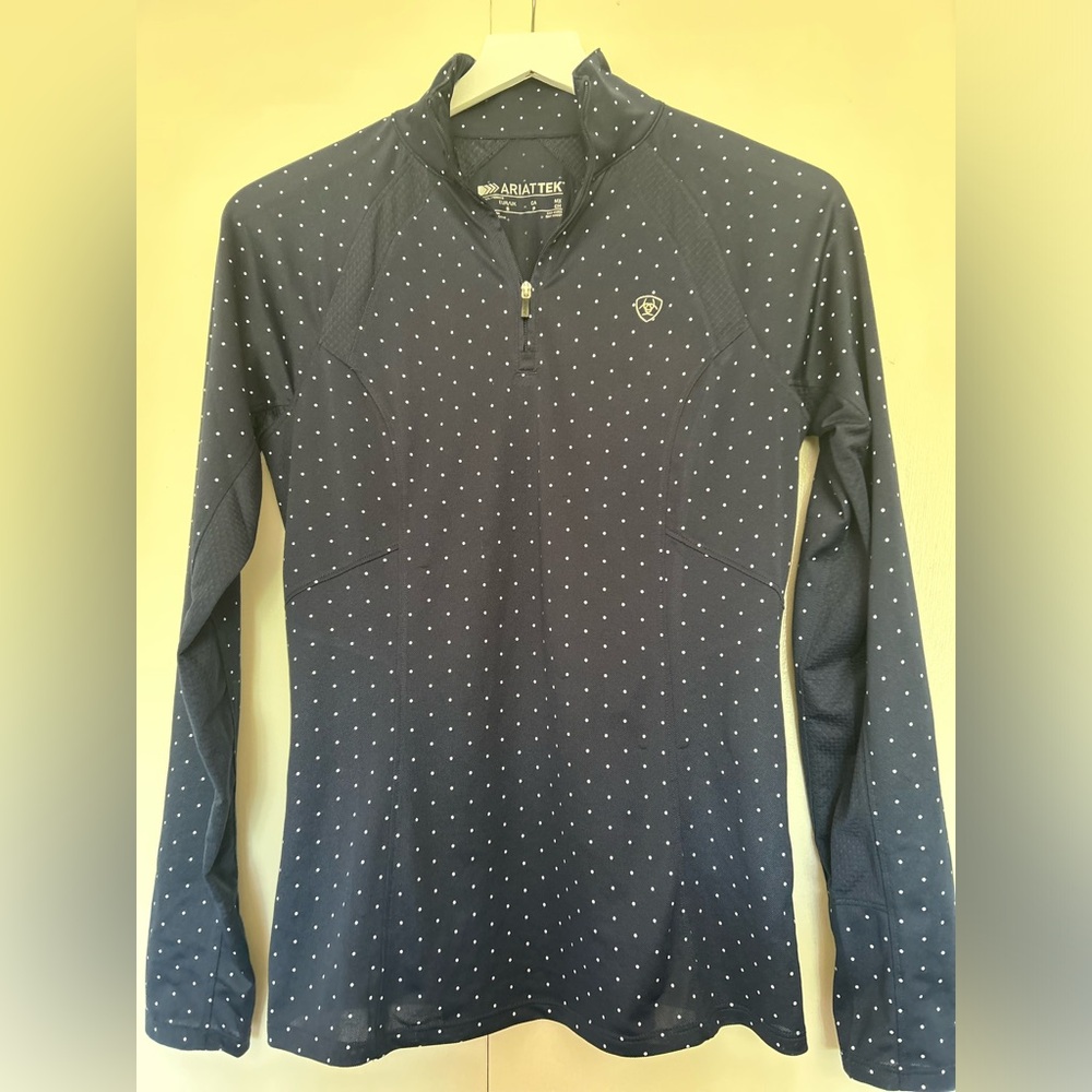 Ariat TEK 1/4 zip blue and white polka dot spf sun shirt uv protection size S